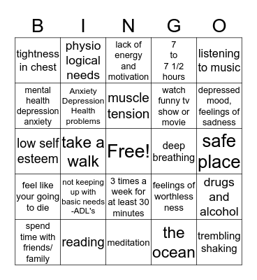 Rachel's Mental Health Bingo Card