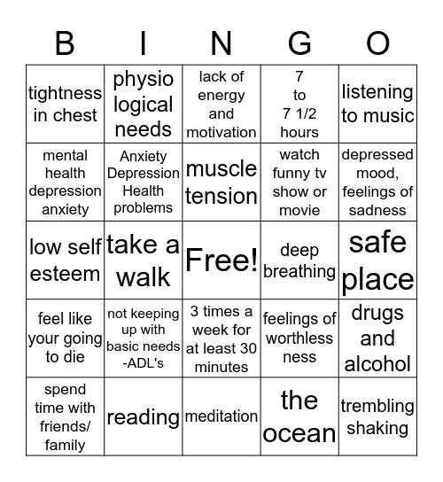 Rachel's Mental Health Bingo Card