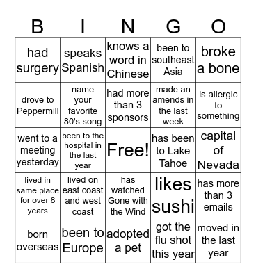 IDAA 2018 TEAM RENO-TAHOE Bingo Card