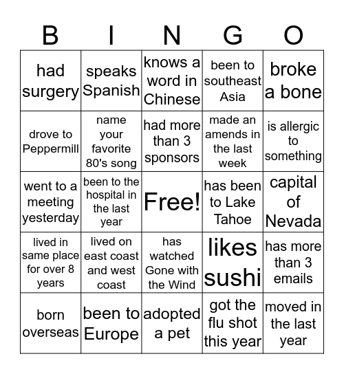 IDAA 2018 TEAM RENO-TAHOE Bingo Card