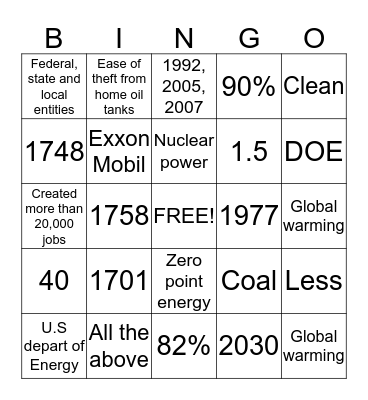 Energy Bingo Card