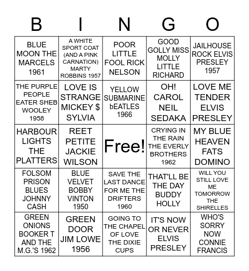 BINGO TO THE OLDIES Bingo Card