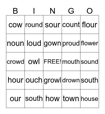 ou and ow sounds Bingo Card