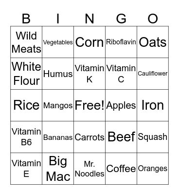 Nutrition BINGO Card