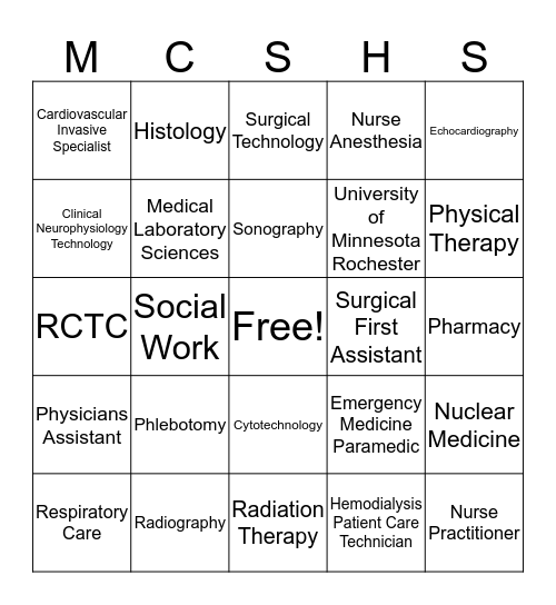 Mayo Clinic School of Health Sciences Bingo Card