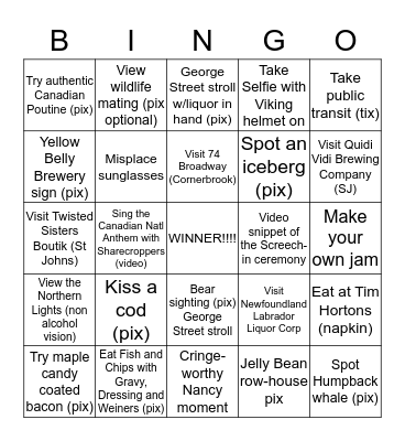 Mom's Canadian Adventure Bingo Card