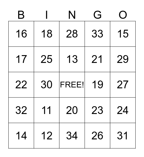 Numbers Bingo Card
