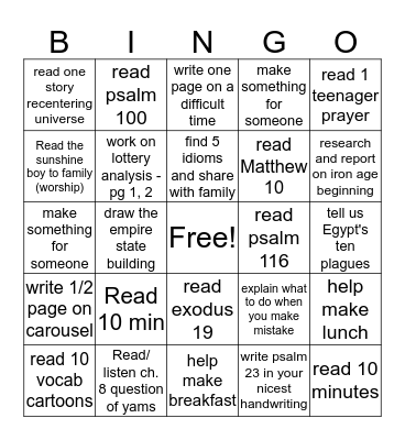 Today's Learning Bingo Card