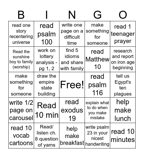 Today's Learning Bingo Card