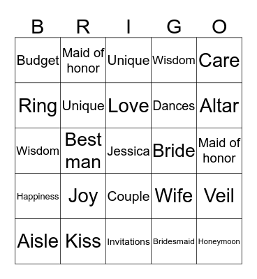 Jessica's Bridal Shower Bingo Card