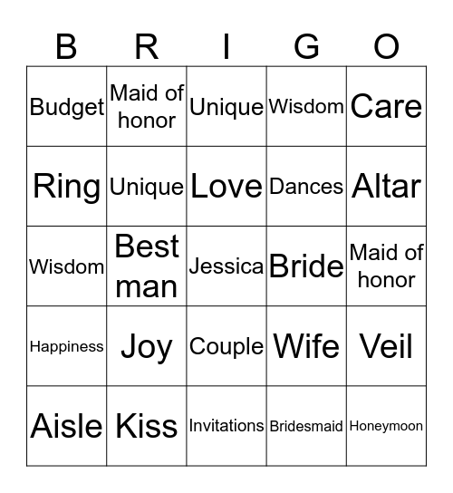 Jessica's Bridal Shower Bingo Card