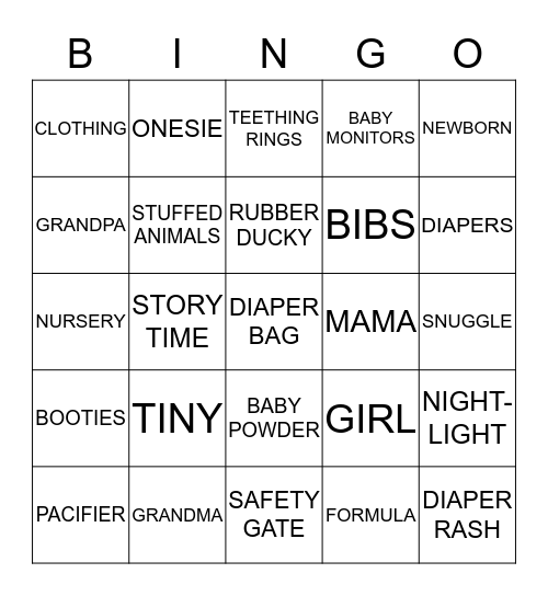 Baby Rangel Baby Shower 7/8/2017 Bingo Card