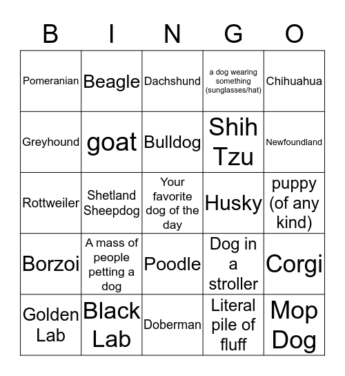 Pepper Place Dog Bingo Card