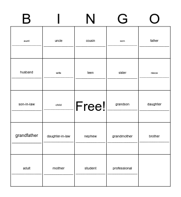 Philistin Family Bingo Card