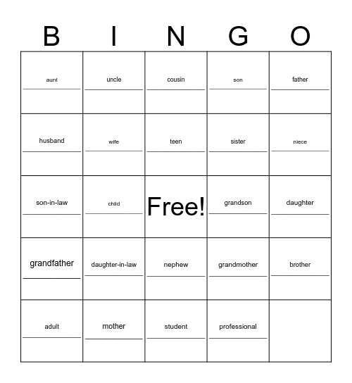 Philistin Family Bingo Card