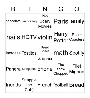All Things Julianna….Bingo Card