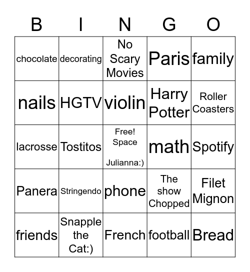 All Things Julianna….Bingo Card