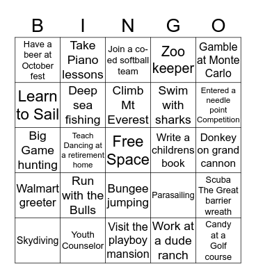 Marcy's Bucket List Bingo Card