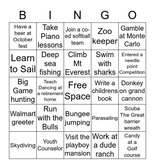 Marcy's Bucket List Bingo Card