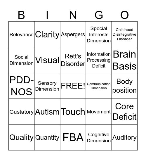 Autism Bingo Card