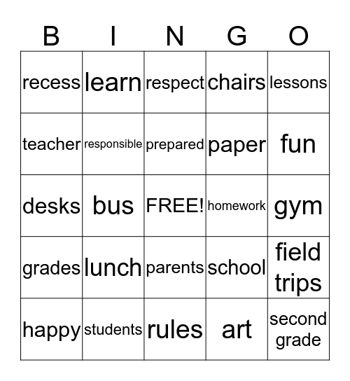 Back to School Bingo Card