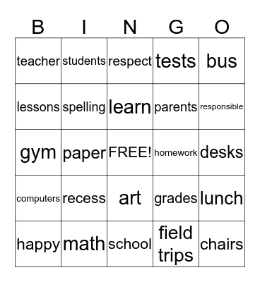 Back to School Bingo Card