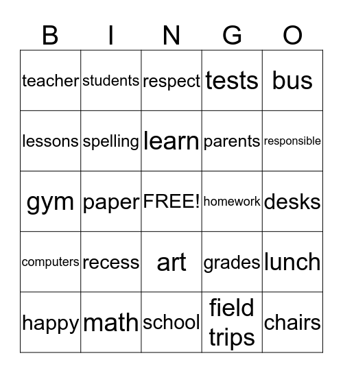 Back to School Bingo Card