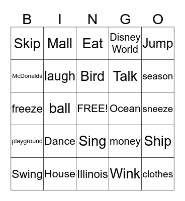 Parts of Speech Bingo Card