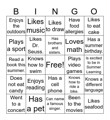 Getting to Know You Bingo Card