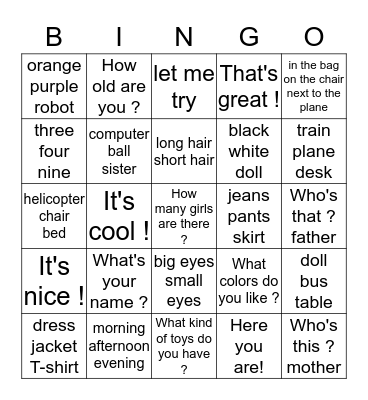 kids corner  Bingo Card
