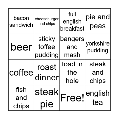 Food and Drink Bingo Card
