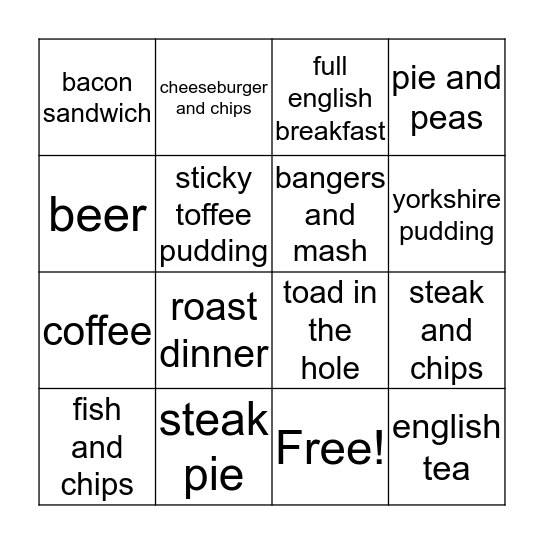 Food and Drink Bingo Card