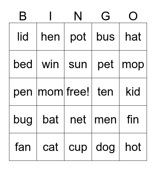 Short Vowel Sounds Bingo Card