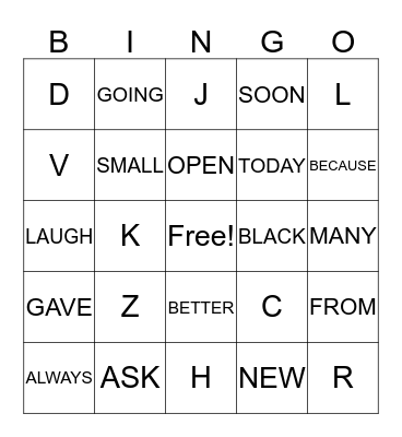 SIGHT WORD BINGO Card