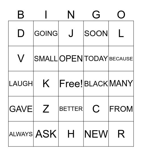 SIGHT WORD BINGO Card