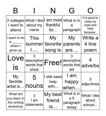 Creative Writing  Bingo Card