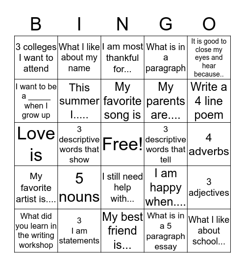 Creative Writing  Bingo Card