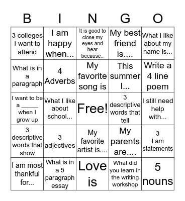 Creative Writing  Bingo Card