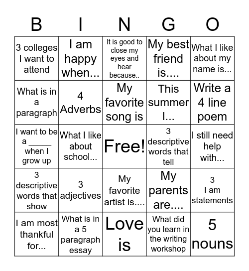 Creative Writing  Bingo Card