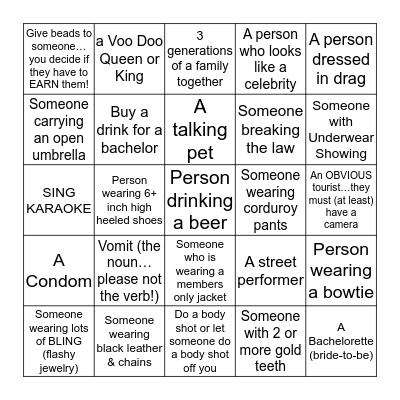 BOURBON STREET BACHELORETTE BINGO Card