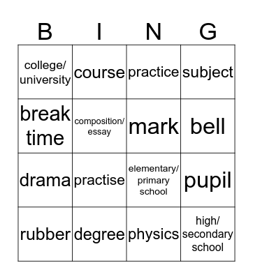 School vocab Bingo Card