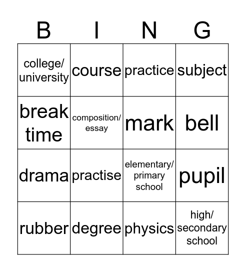 School vocab Bingo Card