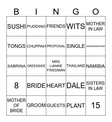 Lianne's Bridal Bingo Card