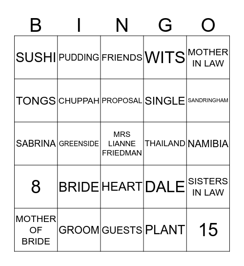 Lianne's Bridal Bingo Card