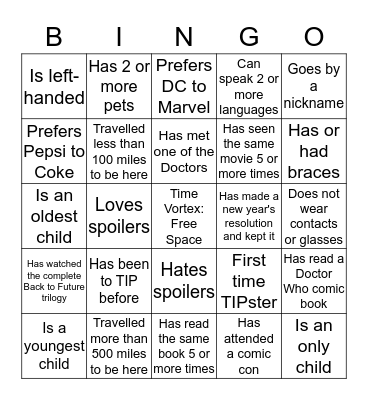 TIP Time Travelers Bingo Card