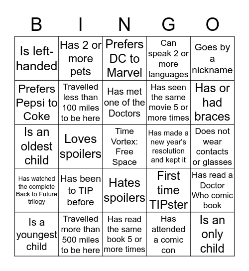 TIP Time Travelers Bingo Card