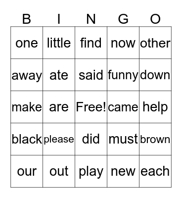sight words Bingo Card