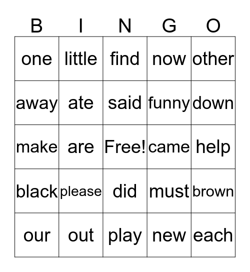 sight words Bingo Card
