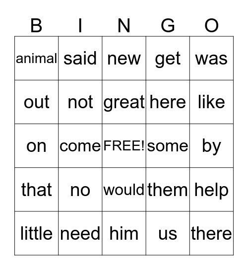 Sight Word Bingo Card