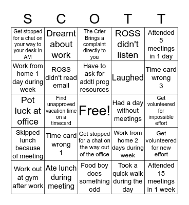 Work Week Bingo for Scott Bingo Card